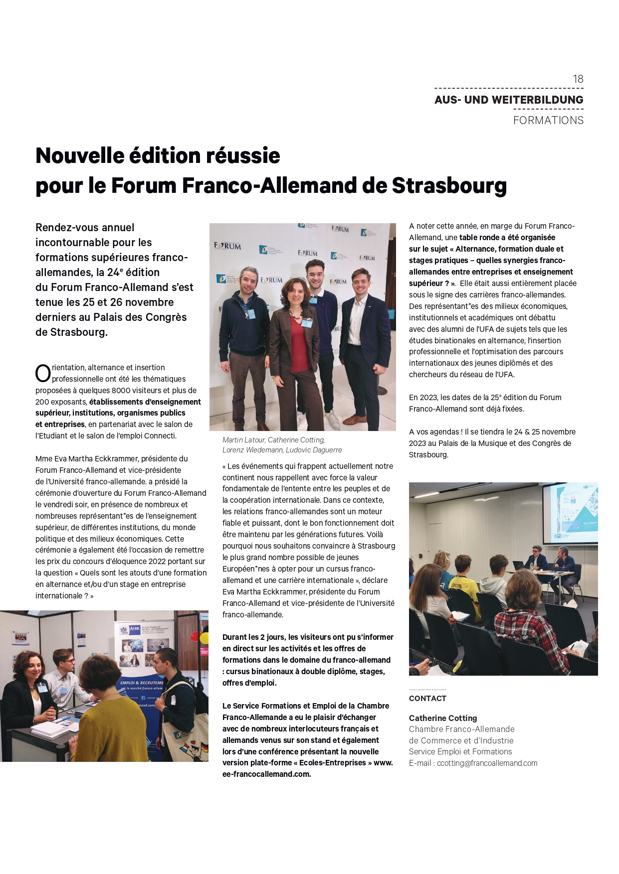 Article dans le magazine Contact de l'AHK Frankreich suite au Forum Franco-Allemand de Strasbourg