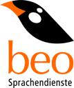 Stilisierter Beo in orange und schwarz, darunter groß "beo" in orange und klein "Sprachendienste" in schwarz